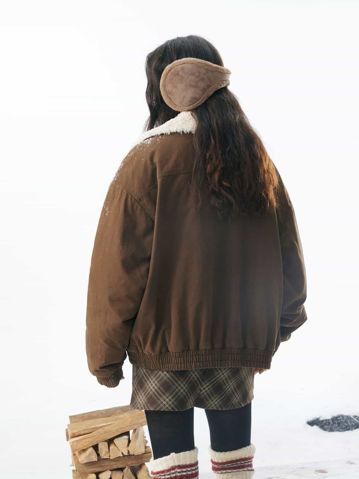 Winter Essential Bomber Jacket with Plaid Skirt Set 