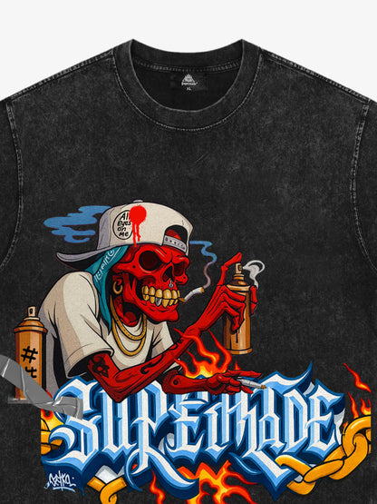 Thesupermade Skull Graffiti Artist Flame Flower Font T-shirt 