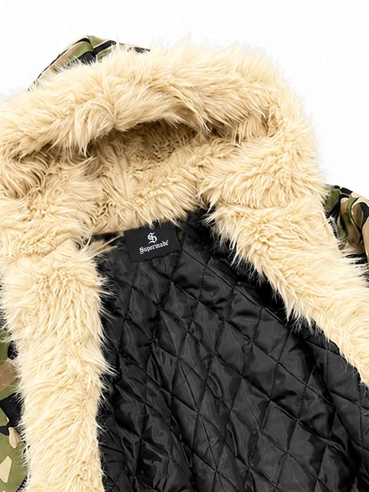 Camo Faux-Fur Trim Bomber Coat