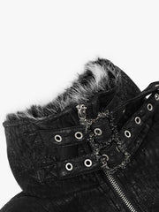 Deconstructed Faux-Fur Trim Stand-Collar PU Leather Coat