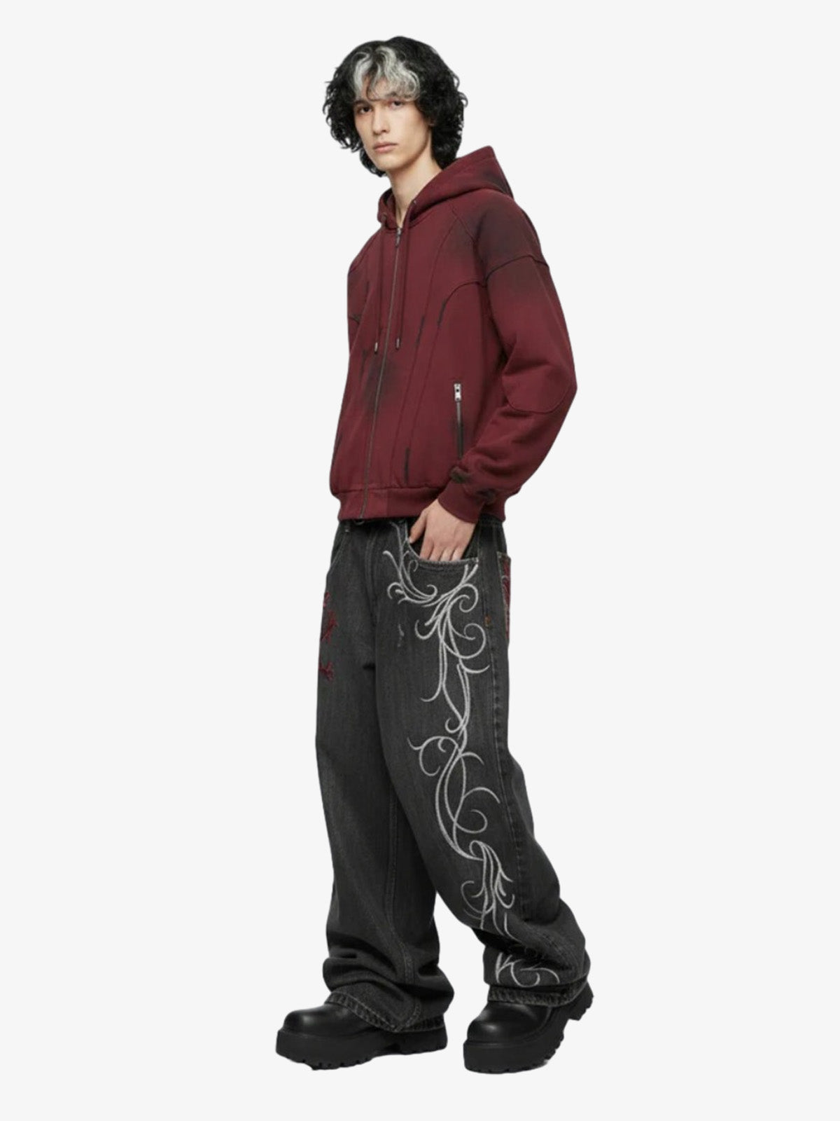 Denim Embroidered Dragon Pants with Rhinestone Belt - Gothic Streetwear Style 