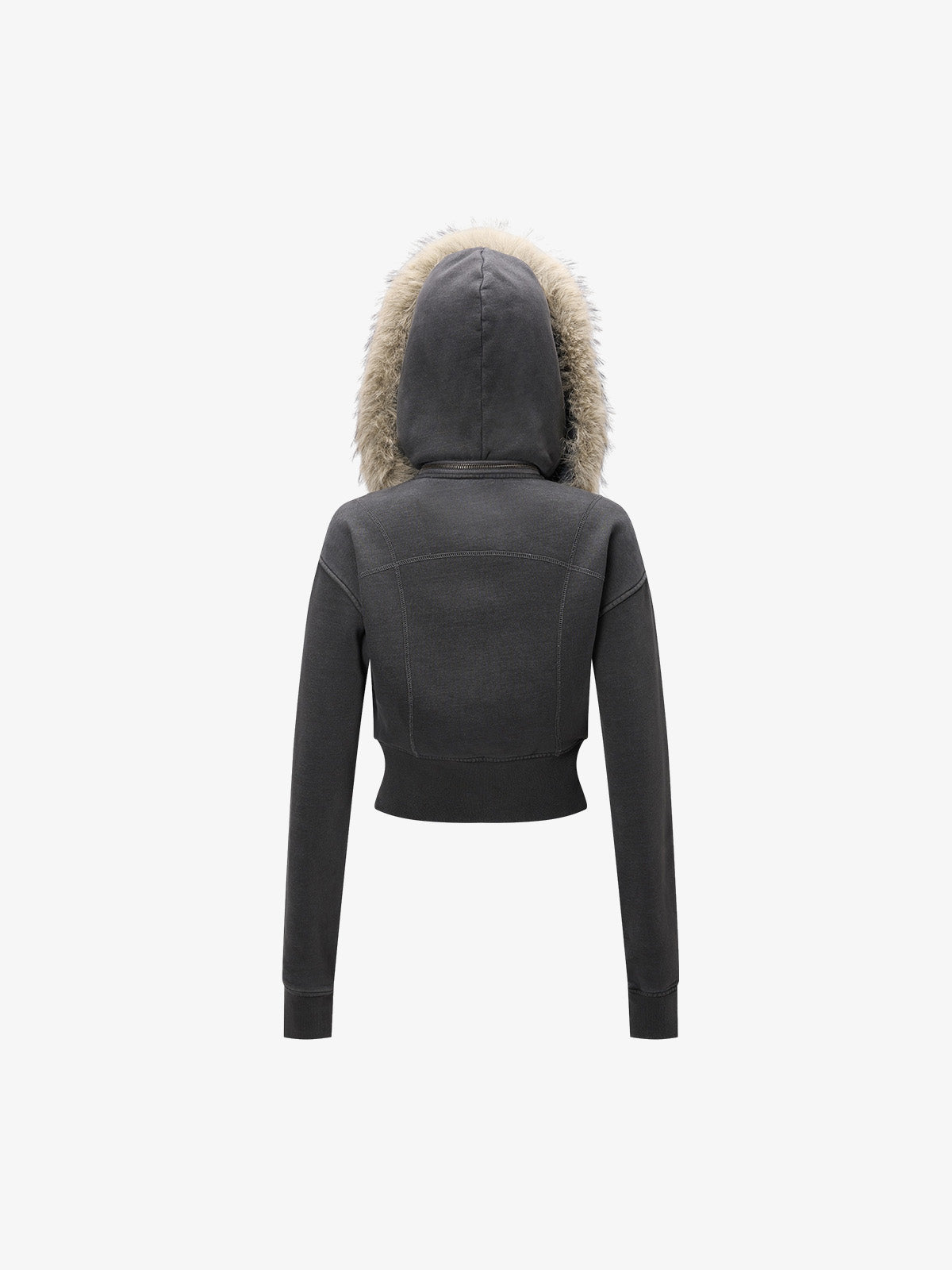 Distressed Faux Fur Slim Zip-Up Hoodie