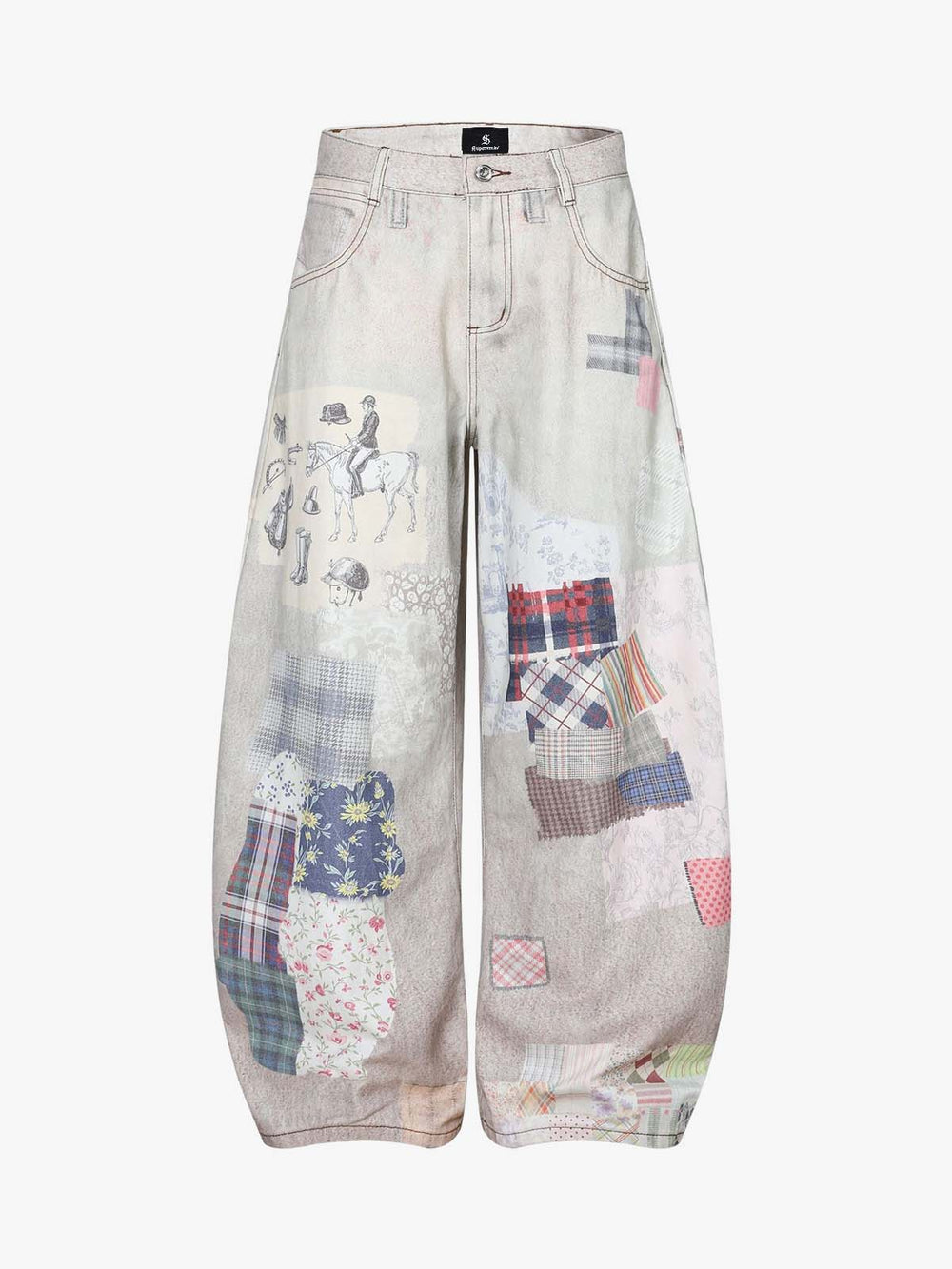 Cotton Patchwork Wide Leg Pants with Equestrian Print and Plaid Details 