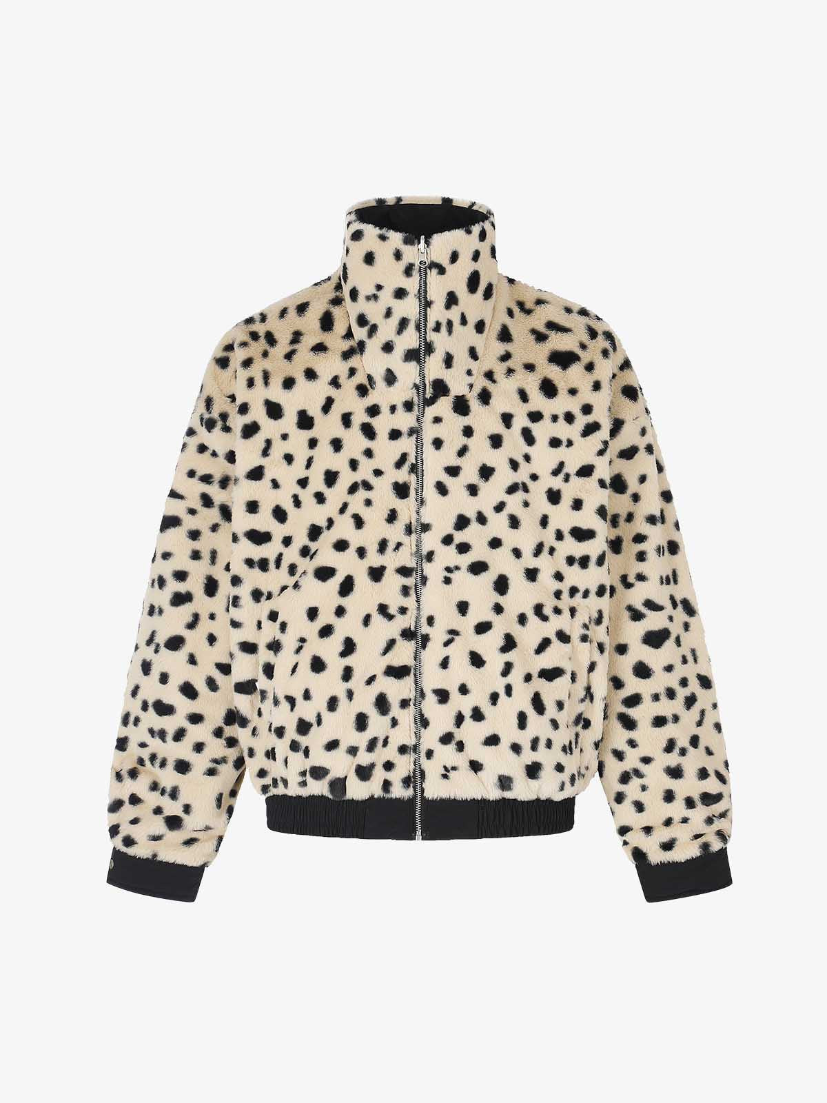 Reversible Spotted Leopard Stand-Collar Fleece Coat