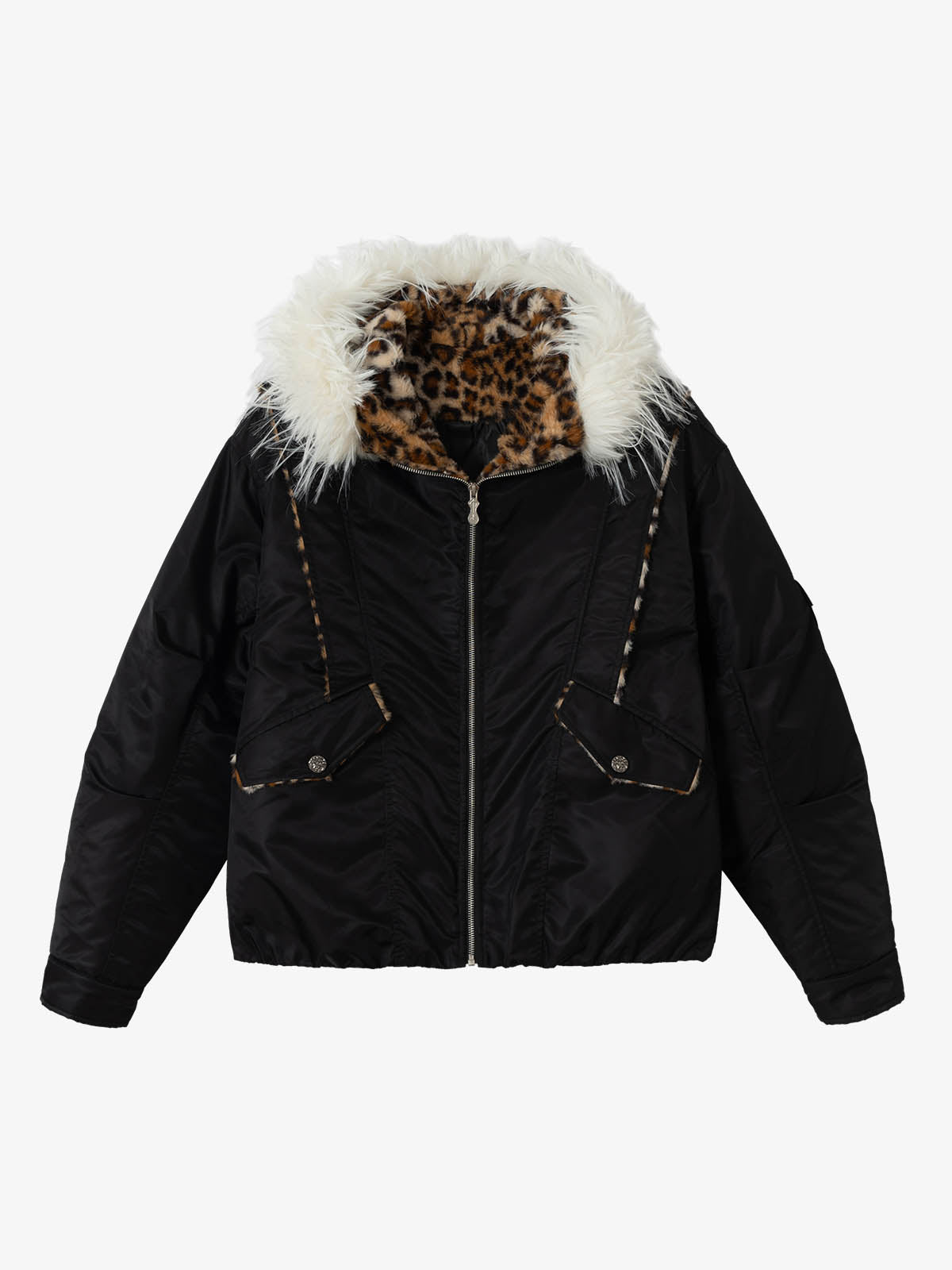 Retro Fur Collar Ruched Leopard Lining Bomber Jacket 