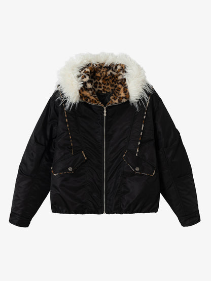 Retro Fur Collar Ruched Leopard Lining Bomber Jacket 