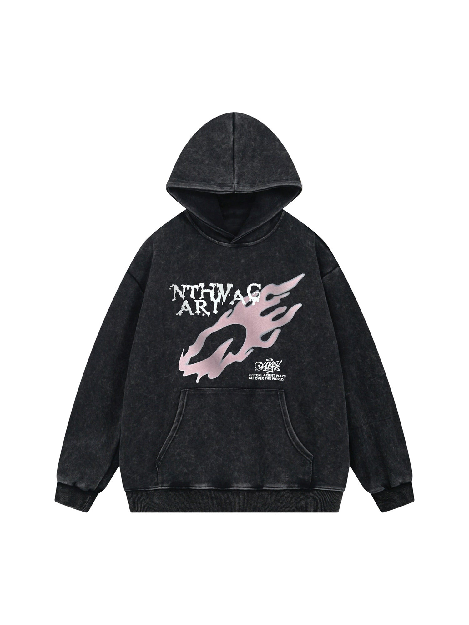 Thesupermade Washed Flame Printed Hooded Fleece Sweatshirt 