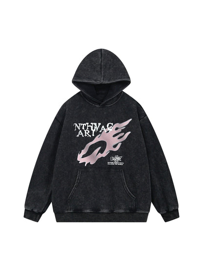 Thesupermade Washed Flame Printed Hooded Fleece Sweatshirt 