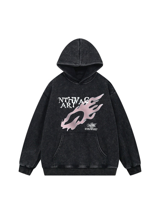 Thesupermade Washed Flame Printed Hooded Fleece Sweatshirt 