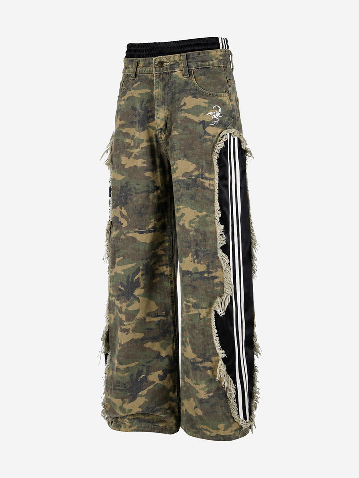 Scorpion Embroidered Camo Patchwork Double-Waist Straight-Leg Pants