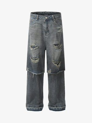 Layered Ripped Straight-Leg Jeans