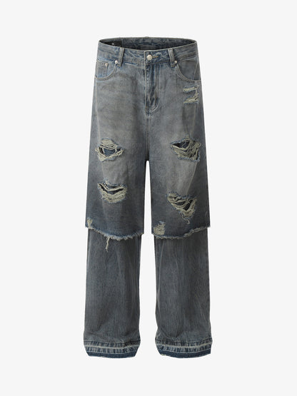 Layered Ripped Straight-Leg Jeans