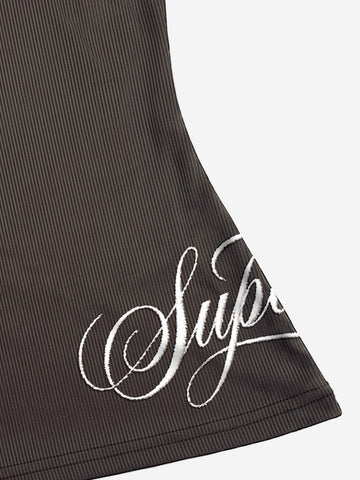 Letter Embroidered Rhinestone Eyelet Ribbed Tank Top