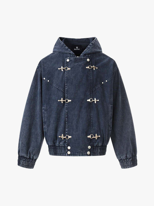 Washed Cotton Hooded Duffle Jacket with Metal Snap Buttons and Ribbed Hem 