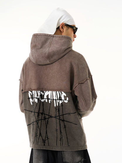 Distressed Hooded Sweatshirt with a Famous Painting of Thorn Destruction 