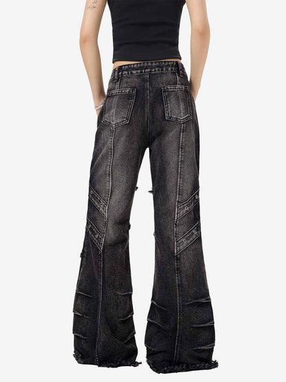 V-Seam Raw Edge Panel Distressed Utility Denim Jeans