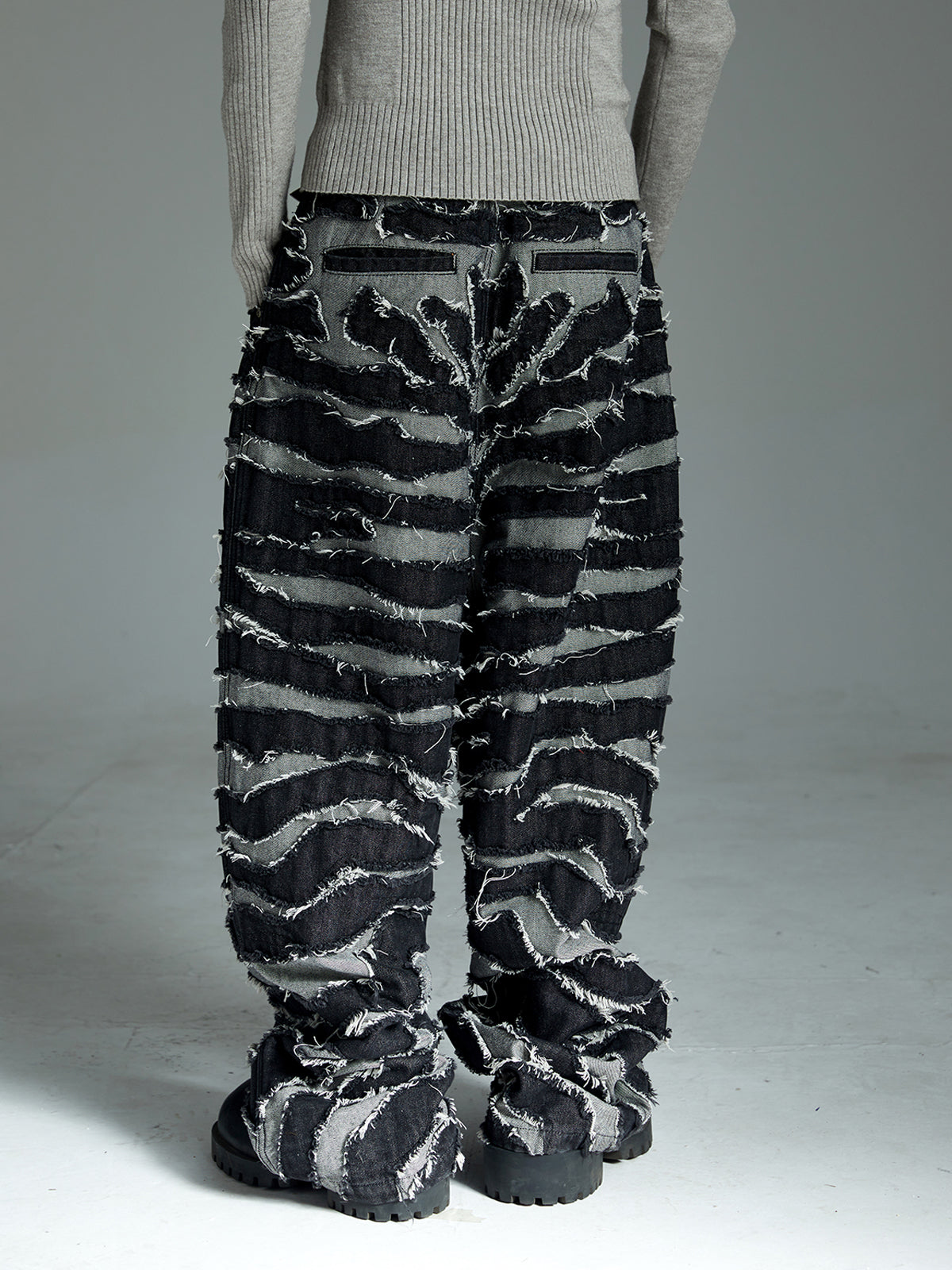 Frayed Zebra Striped Patchwork Wide Leg Jeans 