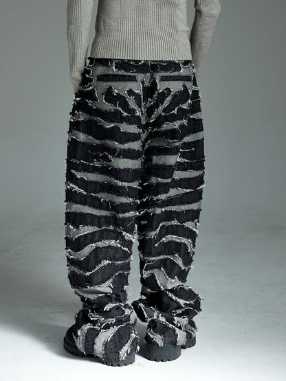 Frayed Zebra Striped Patchwork Wide Leg Jeans 