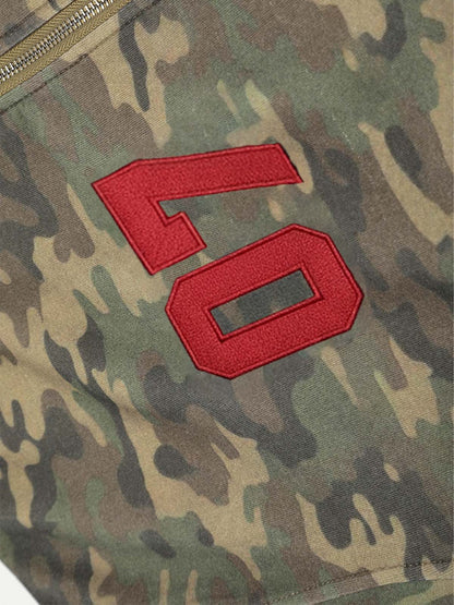 Camouflage Hooded Jacket with Embroidered Details and Striped Sleeves 