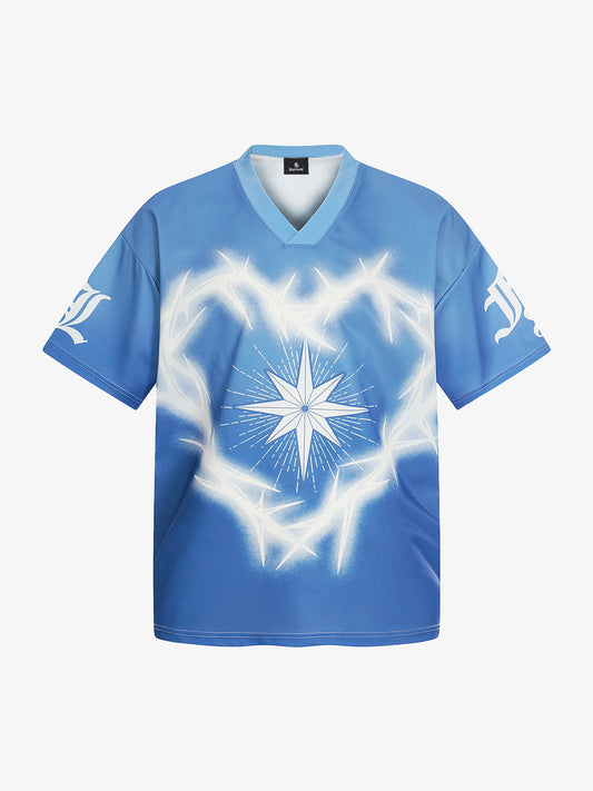 Polyester V-Neck Graphic T-Shirt with Starburst Print and Gradient Design 