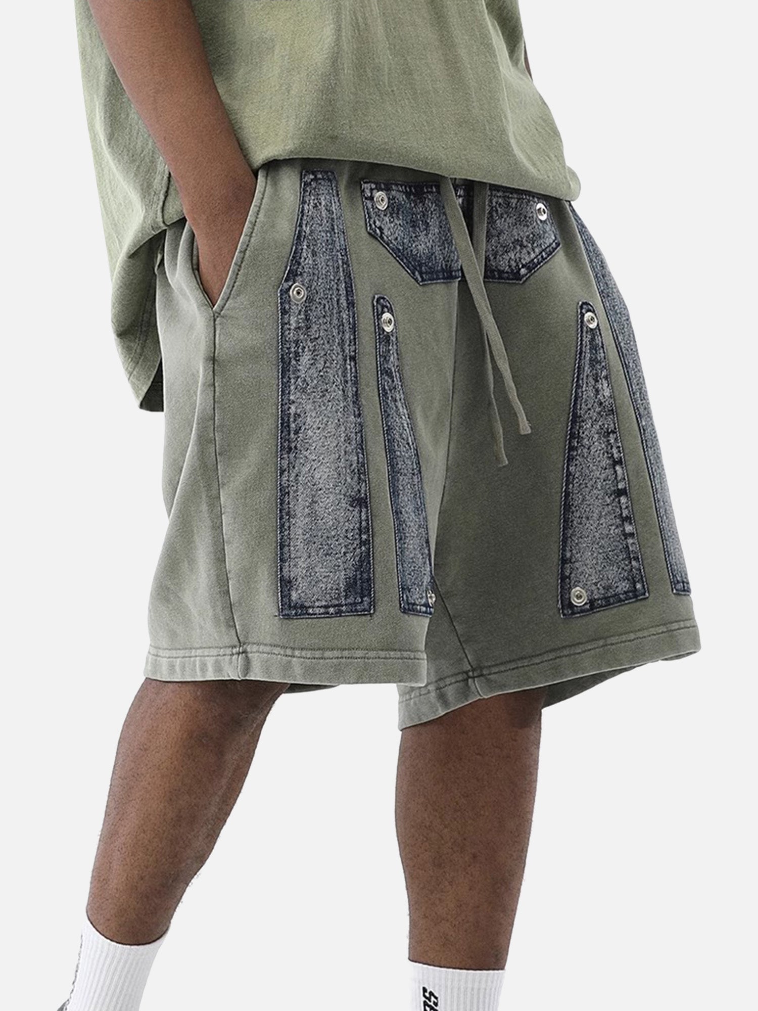 American Trendy Hip-hop Washed Patchwork Shorts