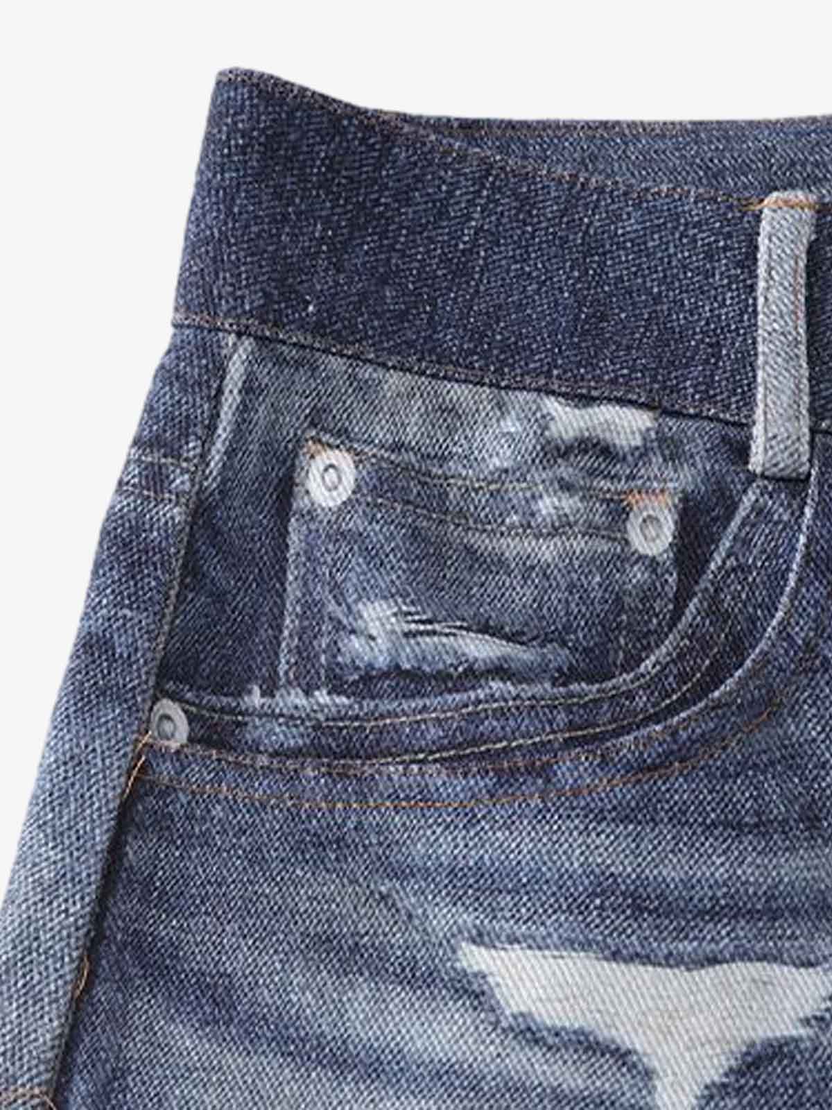 Denim Patchwork Wide Leg Jeans with Graphic Appliques and Distressed Details 