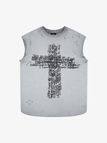 Letter Cross Graphic Distressed Tank Top