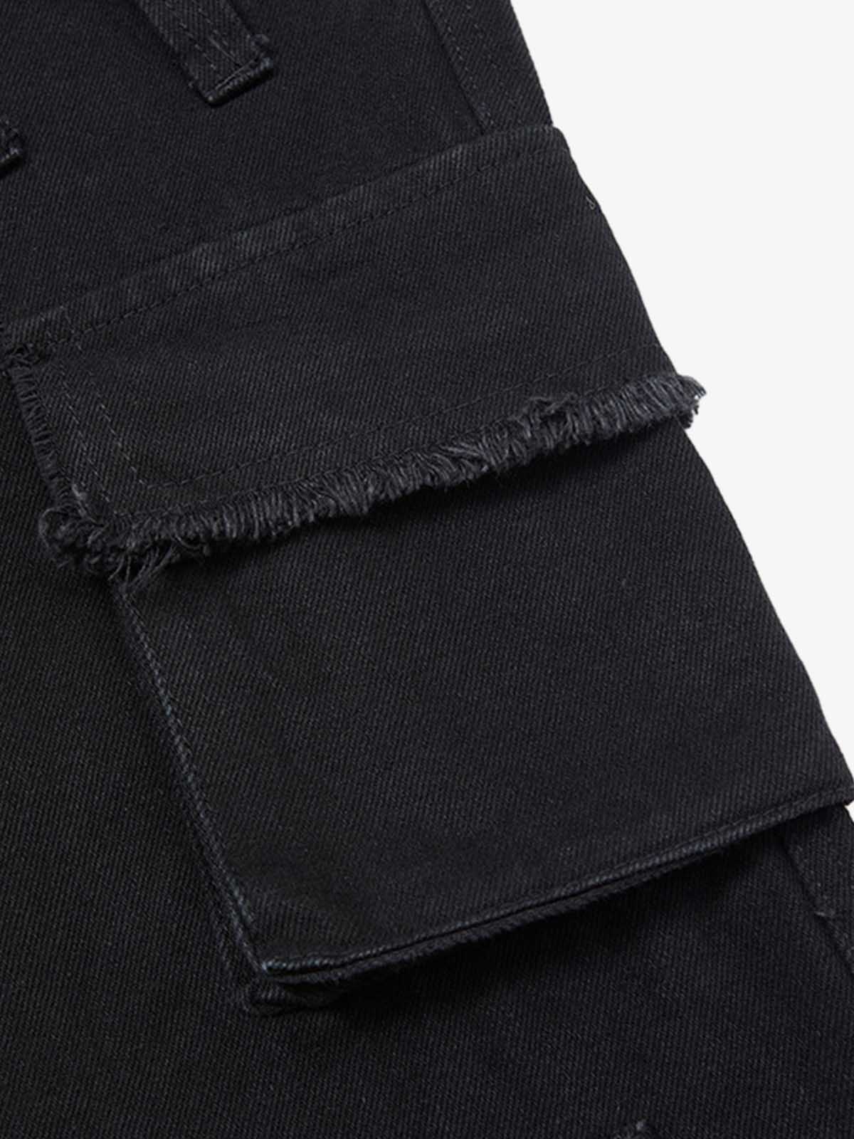 Faux Fur Trimmed Black Cargo Pants with Wide Leg and Multiple Pockets 
