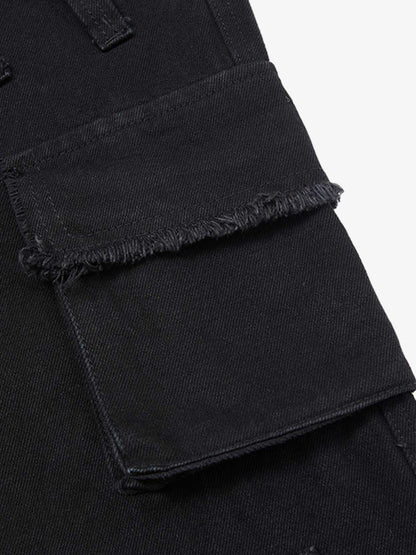 Faux Fur Trimmed Black Cargo Pants with Wide Leg and Multiple Pockets 