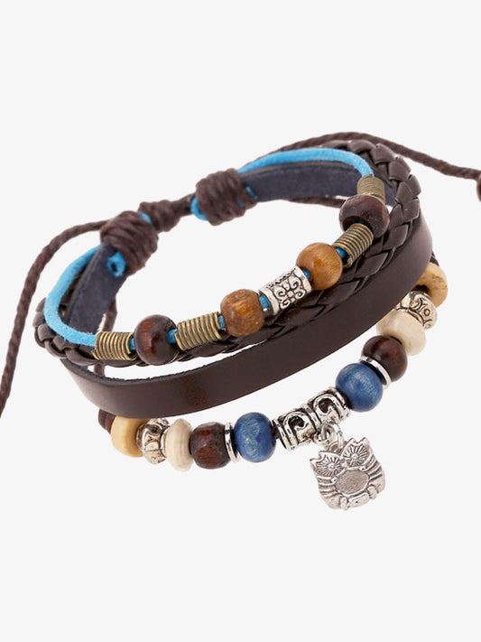 Leather and Beaded Wrap Bracelet with Silver Charm for Men and Women 