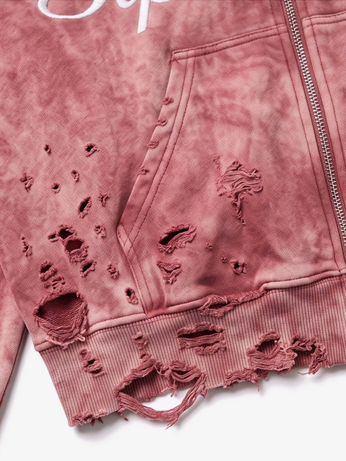 Embroidered Ripped Washed Distressed Zip Hoodie
