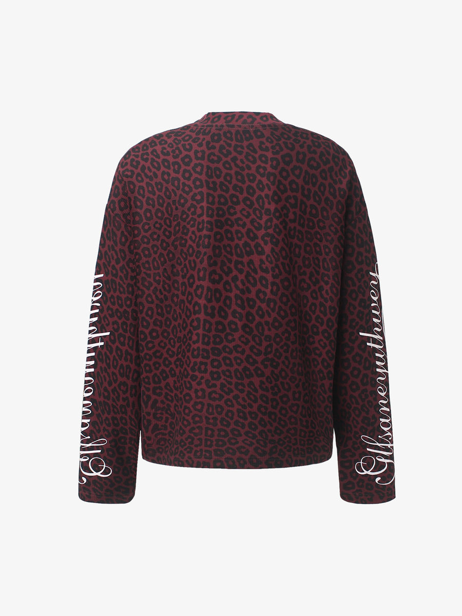 Leopard Graphic Waffle Long Sleeve Tee; Wine Red / M, Wine Red / L, Wine Red / XL