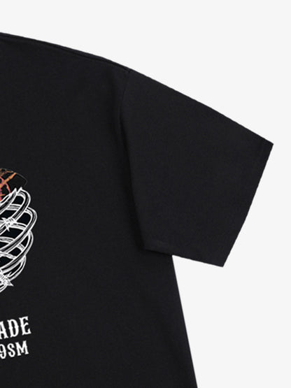 Cotton Black Heart Print Graphic T-Shirt with Floral and Skeleton Design 