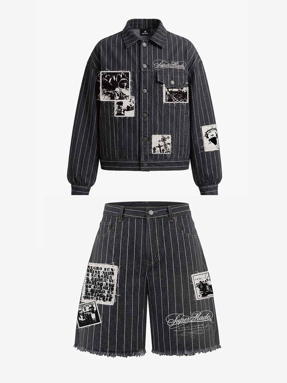 Vintage Pinstripe Patchwork Baggy Denim Set 