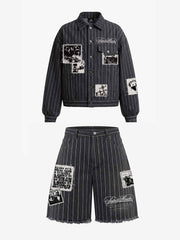 Vintage Pinstripe Patchwork Baggy Denim Set 