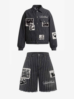 Vintage Pinstripe Patchwork Baggy Denim Set 