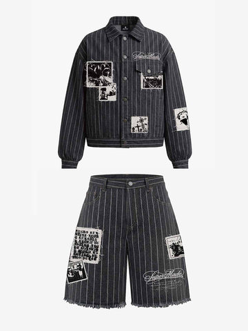 Vintage Pinstripe Patchwork Baggy Denim Set 