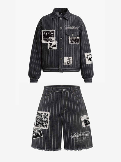 Vintage Pinstripe Patchwork Baggy Denim Set 