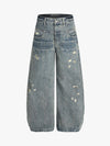 High Waist Distressed Barrel Denim Jeans