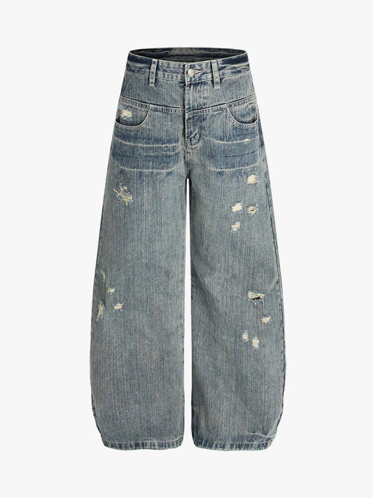 High Waist Distressed Barrel Denim Jeans