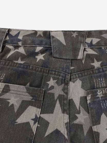 Denim Star Print Wide Leg Pants with Elastic Cuff for Casual Streetwear 