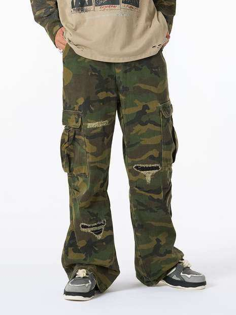 Ripped Camouflage Flared Cargo Pants - 2410 