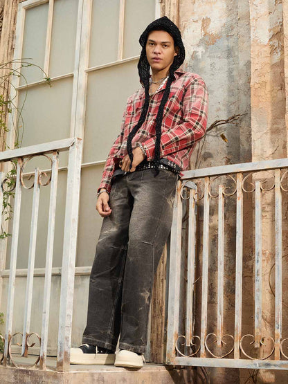 Cotton Plaid Shirt with Paint Splatter Design, Distressed Hem and Pockets, Casual Men's Long Sleeve Button-Up Jacket 