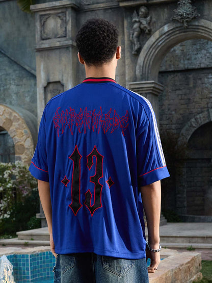 Supermade Color-Blocked V-Neck Embroidered Jersey Short-Sleeved 