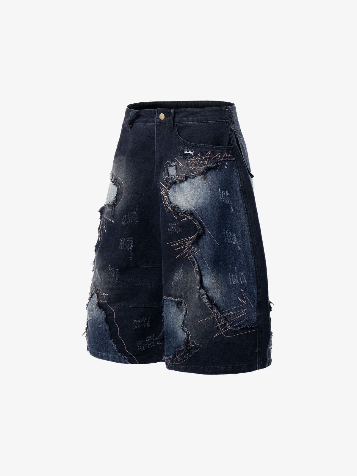 Bestickte Jeansshorts mit Used-Look und ausgefranstem Saum