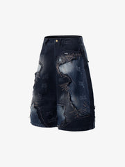 Bestickte Jeansshorts mit Used-Look und ausgefranstem Saum