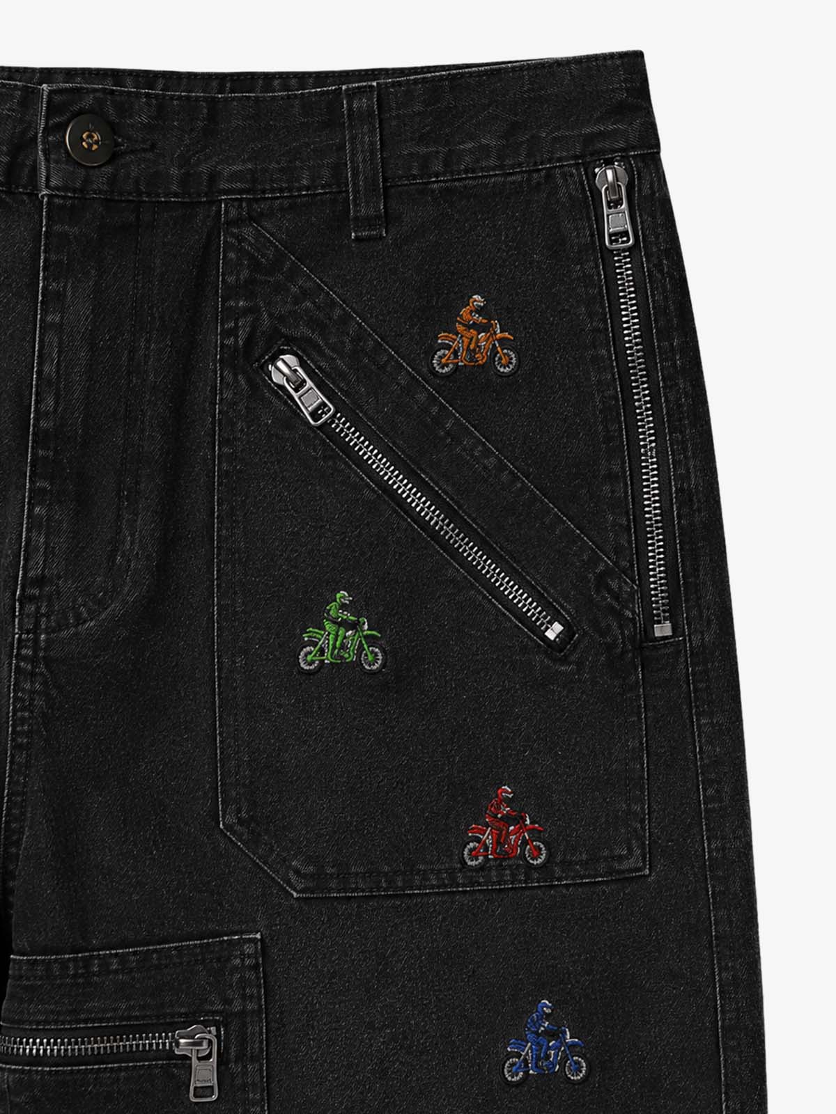 Racing Embroidered Washed Distressed Straight-Leg Jeans