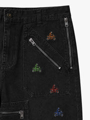 Racing Embroidered Washed Distressed Straight-Leg Jeans