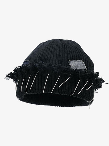 Distressed Denim Patchwork Beanie 