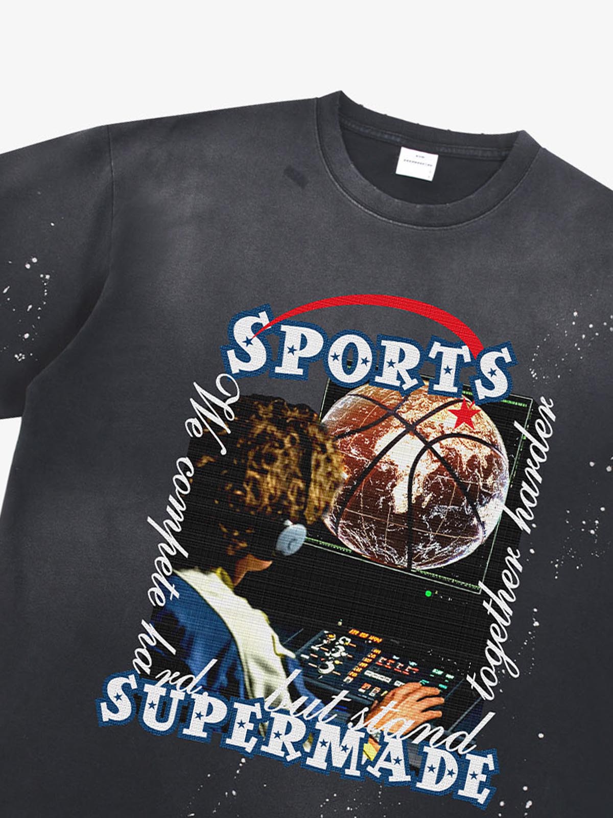 thesupermade-"Retro Basketball Radio" "Sports Know No Borders" Graphic Tee-Retro Ink Splash Streetwear Oversized T-Shirt 